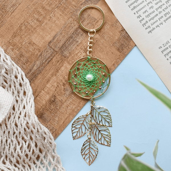 Green Beaded Pearl Dreamcatcher Keychain