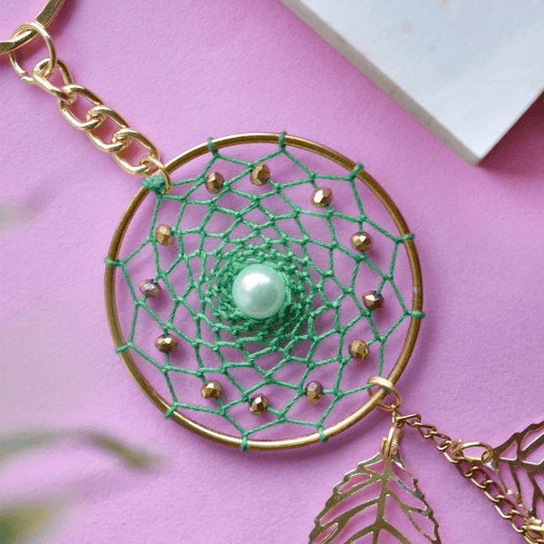 Green Beaded Pearl Dreamcatcher Keychain