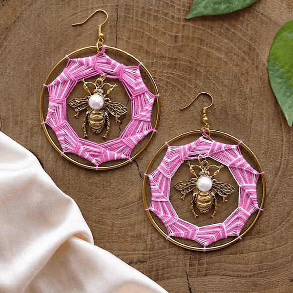 Bumble Bee Pearl Hoops - Pink