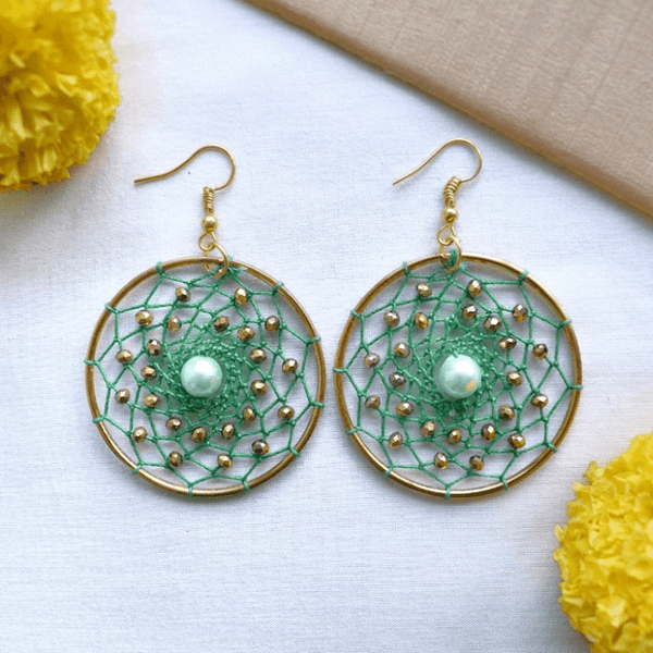 Emerald Pearl Beaded Dreamcatcher Earrings