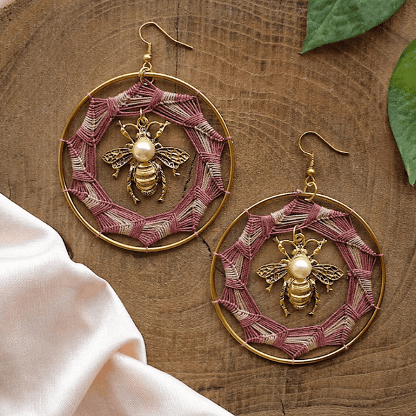 Bumble Bee Pearl Hoops - Maroon