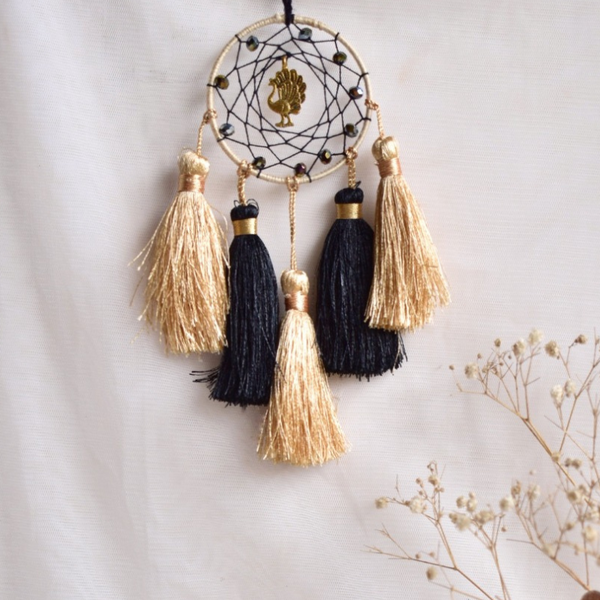 Peacock Tassel Brass Car & Wall Hanging Dreamcatcher- Black
