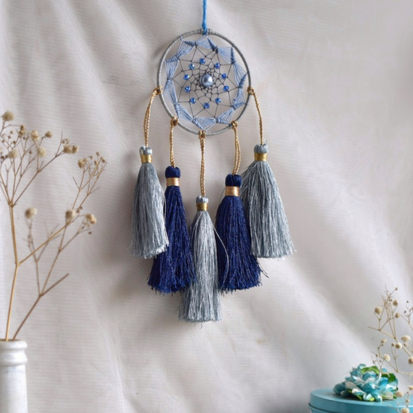 Pearl Tassel Brass Car & Wall Hanging Dreamcatcher- Blue